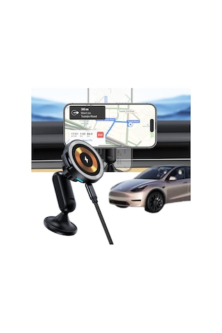 Tesla Model Y / Model 3 Magsafe Cep Telefonu Tutucu Ve Kablosuz Şarj Edici Mıknatıslı Siyah