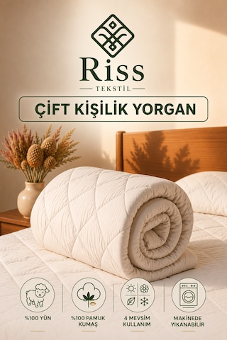 Riss Tekstil Çift Kişilik %100 Kuzu Yünü Yorgan 195cm X 215cm ,3500gr Beyaz