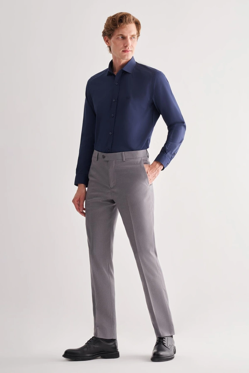İmza Gri Yan Cep Açık Paça Kendinden Desenli Slim Fit Esnek Pantolon 1003255151 Gri