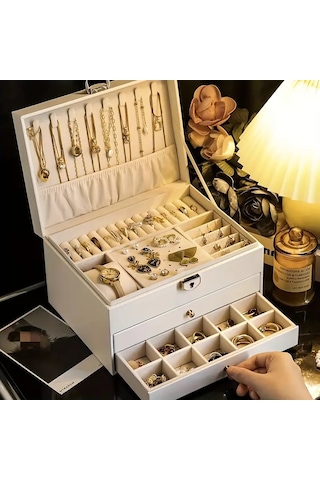 Kilitli Lüks Büyük Kapasiteli Takı Kutusu -beyaz
