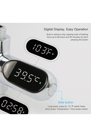 Mufunye Banyo Su Sıcaklığı Ölçer Led Işıklı, 5-85 C Aralığı, 0.5 C Hassasiyet, C/ F Desteği, Pil Ve Şarj Yok