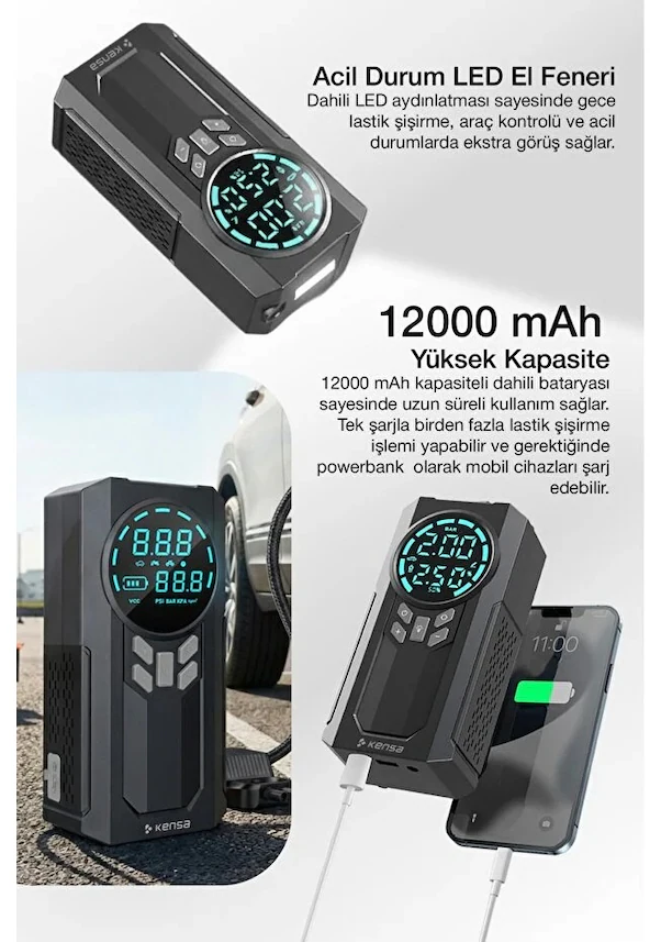 Kensa 4’ü 1 Arada Akü Takviye Cihazı 12000mah | 150 PSI Dijital Hava Pompası Kompresör | Powerbank + Fener