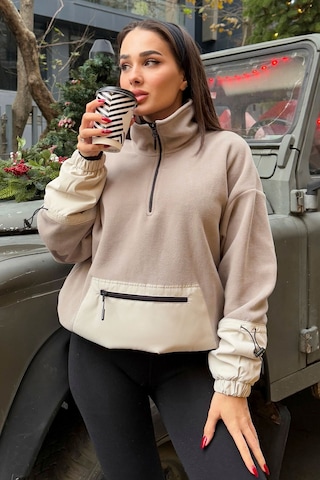 Tommy Life Koyu Bej Etek Ucu Büzgülü Yarım Fermuarlı Oversize Kadın Polar Sweatshirt - 97238 Koyu Bej