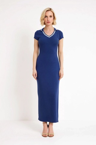 Benerly Kadın Çizgili V Yaka Bodycon Maxi Elbise Ay Kol Kısa Kollu Viskon Lacivert