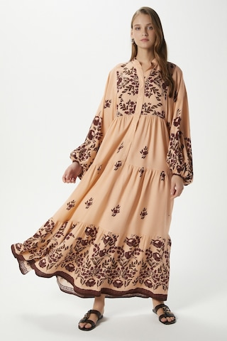 Modest Rosabella Pudra Kadın %100 Viskon Maksi Boy Katlı Balon Kol Uzun Yazlık Elbise Pudrasiyah