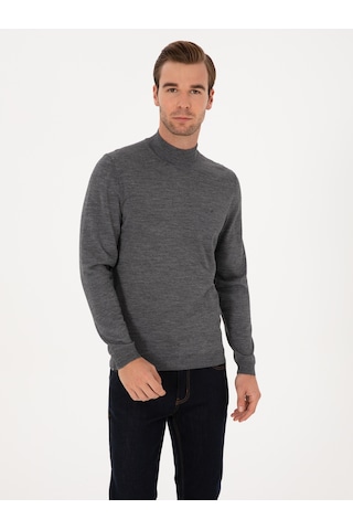 Cacharel Füme Slim Fit Yün Karışımlı Yarım Balıkçı Basic Triko Kazak Gri