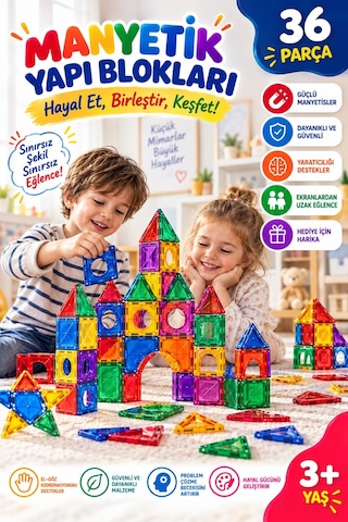 36 Parça Manyetik Blok Seti Çocuk Eğitici Manyetik Yapı Oyuncağı Zeka Geliştirici Yapı Blokları 3 Yaş Ve Üzeri