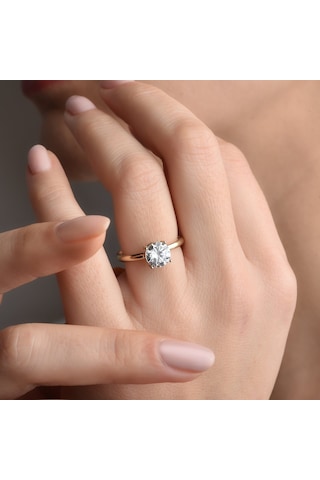 14 Ayar Altın Kaplama Yuvarlak Kesim Tektaş Gümüş Yüzük - Rs00101 Altın