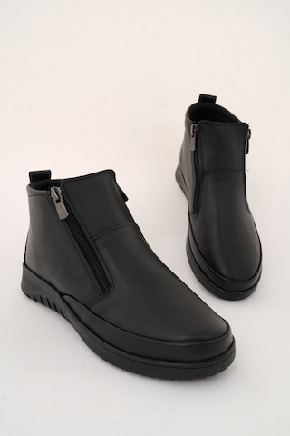 Muggo Feniks Hakiki Deri Çift Fermuarlı Kadın Bot Siyah