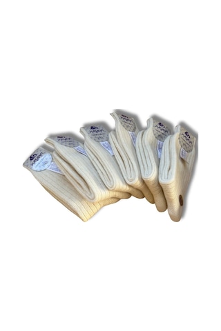 Erkek Saf Yün Kışlık Orta Kalınlıkta Dikişsiz 6 Çift Kendinden Çizgili Çorap Krem Boyasız Krem