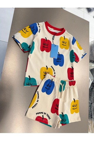 Magu Çocuk Pamuklu Elma Desenli T-shirt Şort Takım Çok Renkli