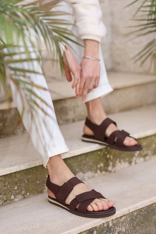Hakiki Deri Kalın Bantlı Ortopedik Tasarım Erkek Sandalet Terlik Kahverengi