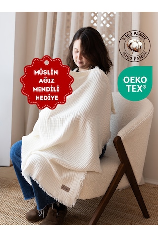 Zeypba 4 Katlı Müslin Emzirme Örtüsü & Puset Örtüsü Püsküllü 90x110 CM Ekru