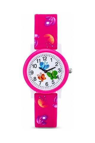 Kelebek Desenli Pembe Kız Çocuk Kol Saati Analog Saat St-304418 Beyaz