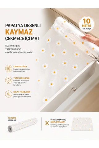 Astraltech Papatya Desenli Kaymaz Dolap Ve Çekmece İçi Mat 10 Metre
