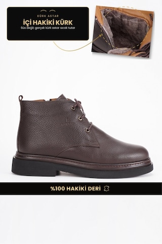 Fame Step Hakiki Deri Erkek Bot Bağcıklı Fermuarlı İçi Kürklü Kışlık Soğuğa Dayanıklı Casual Kahverengi