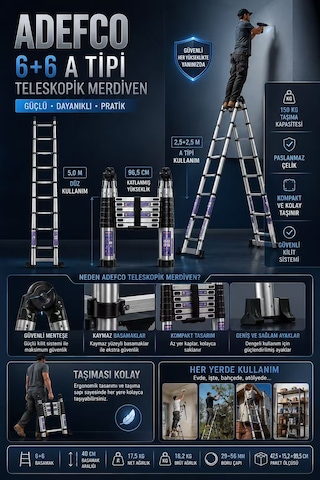 6+6 Basamak Paslanmaz Çelik Teleskopik Merdiven 5 Metre A Tipi Katlanabilir Uzayan Merdiven -
