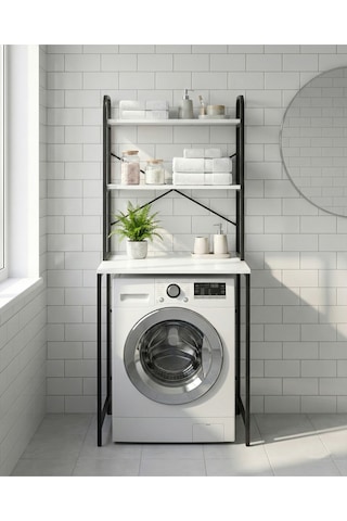 Çamaşır Makinesi Dolabı 2 Katlı Geniş Depolama Raf Ünitesi Metal Banyo Organizer Standı 293 Siyah Çok Renkli