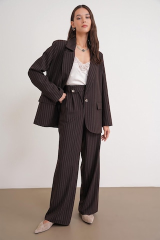 4753 Kadın Çizgili Oversize Blazer Ceket Kahve Kahve