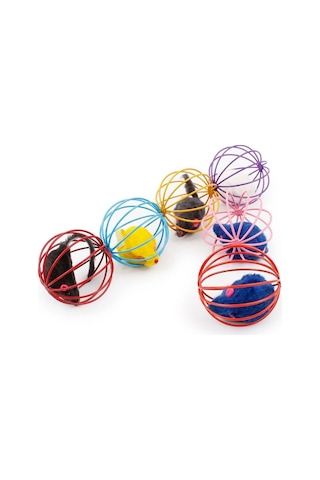 Renkli Metal Kafesli Peluş Fareli Kedi Köpek Oyuncağı Oyun Topu 6 Cm 5468