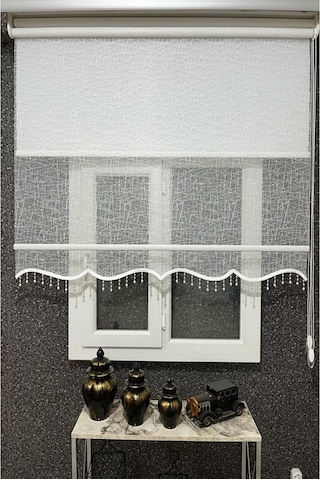 İncilifehome İcl1084 Çift Mekanizmalı Geometrik Desenli Tül Ve Stor Perde Kırık Beyaz Boncuklu Kırık Beyaz