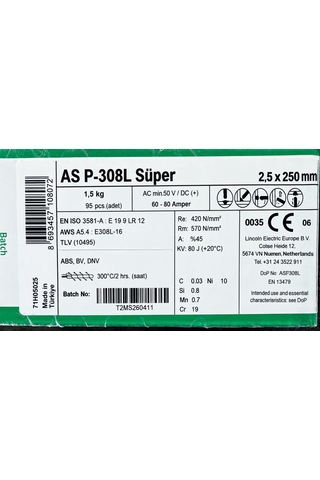 Askaynak As P-308l Süper 2.5x250 Mm Krom Elektrot 1 Koli 6 Paket