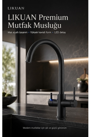 3 Yollu Mutfak Bataryası Sıcak Soğuk Ve Filtreli Su Bir Arada Led Göstergeli Tri-flow Kuğu Boynu Musluk Nkdp3212cp Siyah