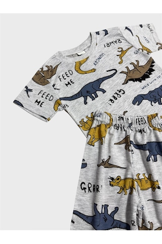 Aliş Kids Erkek Çocuk Pamuklu Gri Dinozor Desenli Kısa Kollu Şortlu Yazlık Pijama Takımı