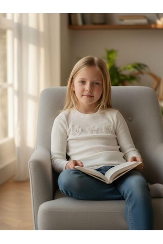 Zekids Kız Çocuk Çiçek Desenli Fitilli Uzun Kollu T-shirt-16385 Ekru