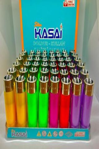Kasai Slim Renkli Taşlı Çakmak 48 Li Paket Silindir Model Çok Renkli