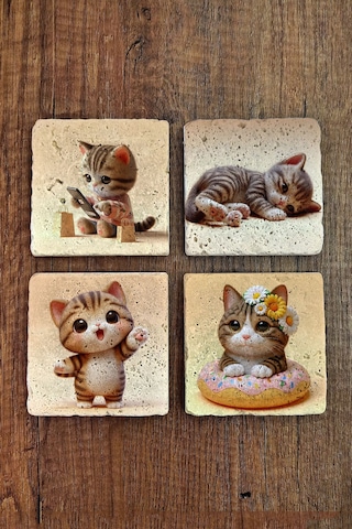 Doğal Taş Bardak Altlığı 4'lü Set 10x10x1 Cm Sevimli Kedi Desenleri -stone Coasters Çok Renkli