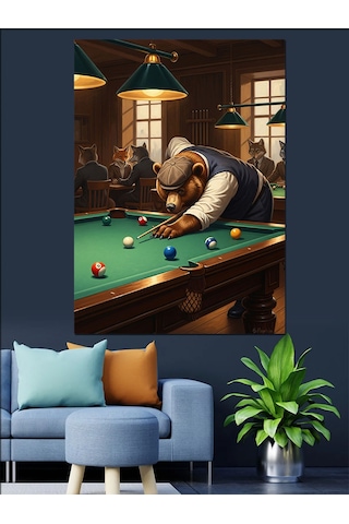 Ahşap Tablo Bilardo Masasında Düşünen Ayı Figürü