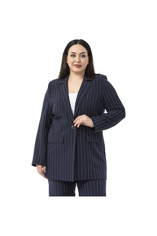 Büyük Beden Çizgili Lacivert Ceket Pantolon İkili Takım Lacivert