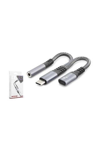 Gj-018 Type-c- M To 3.5mm F + Type-c F Kablo 100w Siyah Örgülü 1 Adet