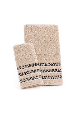 2 Parça Banyo Havlu Seti %100 Pamuk Leopar Deluxe 70x140 Cm + 50x90 Cm Bej