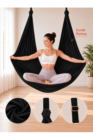 Yoga Hamağı Fly Salıncağı Yükseklik Ayarlanabilir Antigravity Esnek Askılı Denge Spor Aleti Pilates Fitness Denge Esneme Gerdirme Gelişim Siyah