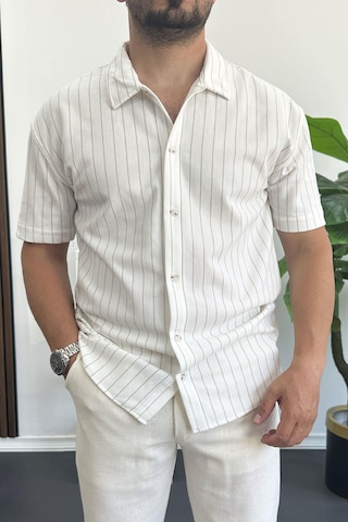 Erkek Dik Çizgili Kısa Kollu Gömlek Krem Edw387 Krem