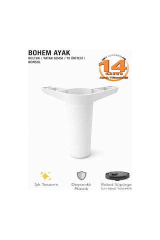 İmt Aksesuar Bohem 14 Cm Beyaz Mobilya Ayağı Robot Süpürgeye Uyumlu Koltuk Dolap Tv Ünitesi Konsol Ayağı Beyaz