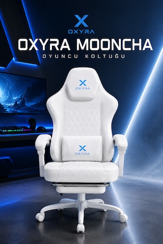 Oxyra Mooncha Oyuncu Koltuğu Premium Komple Beyaz Terletmez Deri Ayak Destekli