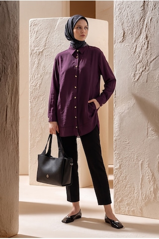 Armine Trend Gold Düğme Detaylı Klasik Yaka Uzun Tunik Rahat Kesim Şık Tesettür Tunik Modeli 89 Cm Boy Bordo 26yt471