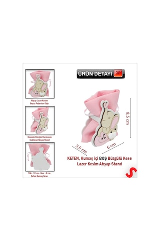 Ahşap Standlı 10cm X 8cm Kese, Fil Pembe - 1 Adet Renkli Çok Renkli
