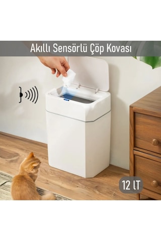 Otomatik Kapak Açan Sensörlü Lüks Çöp Kovası 12 Lt, 23,5 X 17,5 X 31,8 Cm Beyaz