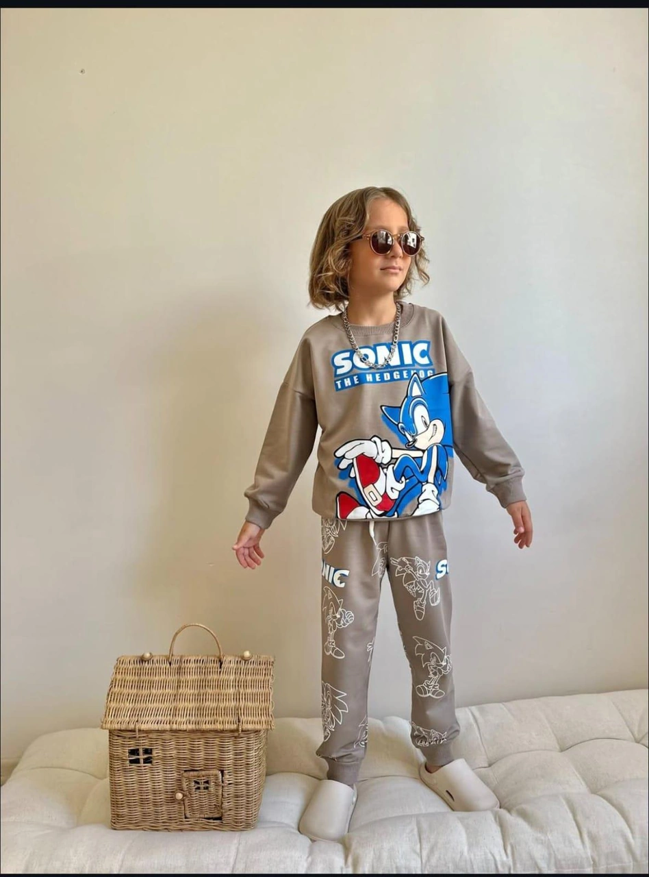 Erkek Çocuk Sonic Baskılı Alt Üst Eşofman Takımı 4069v Vizon