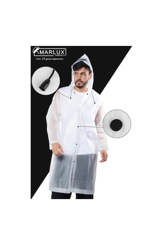 Marlux Unisex Su Rüzgar Geçirmez Kapüşonlu Çıtçıt Düğme Eva Yağmurluk - Beyaz - Siyah