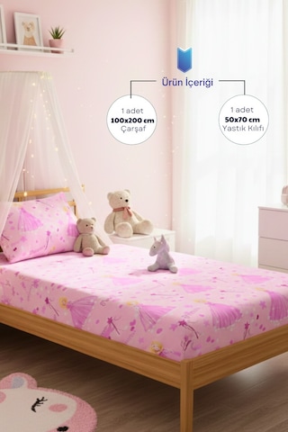 Prenses Desenli Yastık Kılıflı Tek Kişilik Lastikli Çarşaf Takımı 100x200 Cm Çarşaf+yastık Kılıfı Pembe