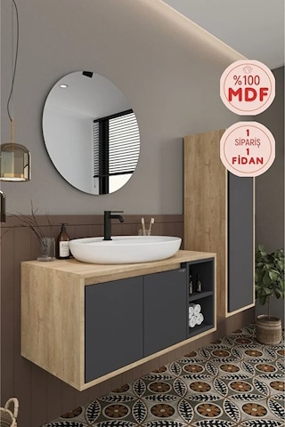 Gül 90 Cm %100 Mdf Lavabolu Banyo Dolabı Ayna Alt Dolap Lavabo Boy Dolabı Antrasit