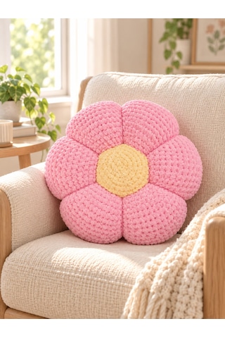 El Yapımı Örgü Çiçek Yastık Yumuşak Dokulu Dekoratif Papatya Kırlent 30 Cm Pembe