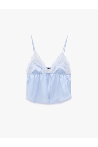 Koton Rahat Kalıp Dantel Detaylı Saten Askılı Pijama Üstü Mavi 6slk90036mw