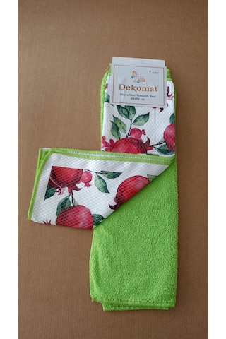 Microfiber Temizlik Bezi 40x50 Cm 2 Adet Nar Çiçeği Bir Adet Baskılı Bir Adet Naturel Yeşil