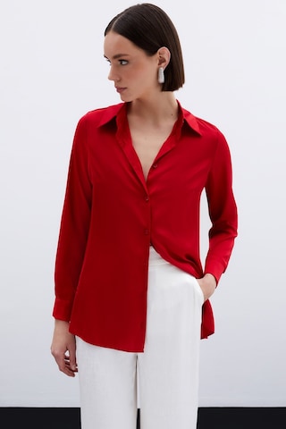 Sateen Oversize Saten Gömlek - Kırmızı